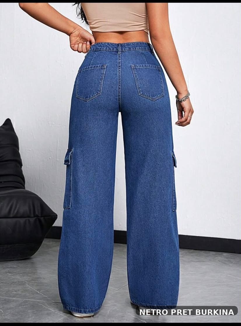Jean Cargo Large Femme - Taille Haute - Bleu Denim – Image 2