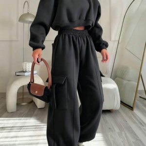 Ensemble Femme 2 Pièces - Sweat Crop + Pantalon Cargo - 3 Couleurs