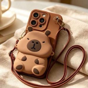 Coque iPhone Capybara Mignon avec Porte-Monnaie et Bandoulière - Marron