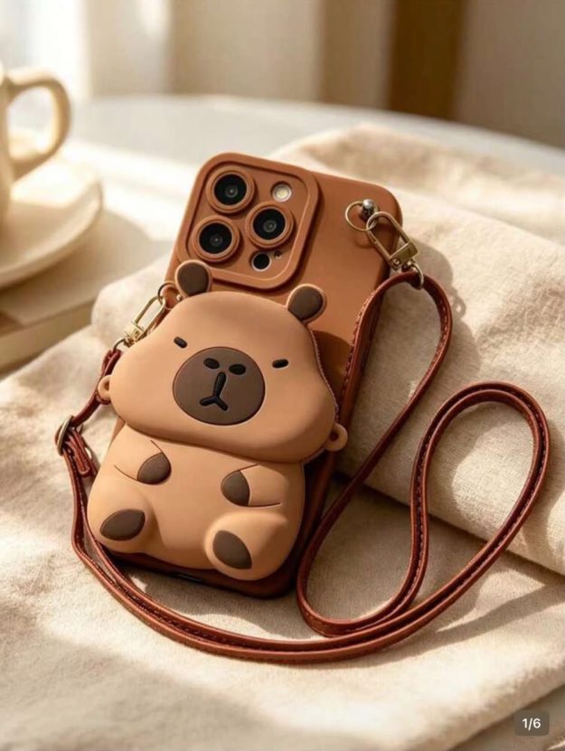 Coque iPhone Capybara Mignon avec Porte-Monnaie et Bandoulière - Marron