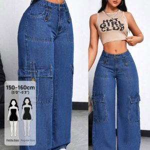 Jean Cargo Large Femme - Taille Haute - Bleu Denim