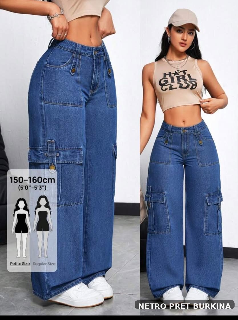 Jean Cargo Large Femme - Taille Haute - Bleu Denim
