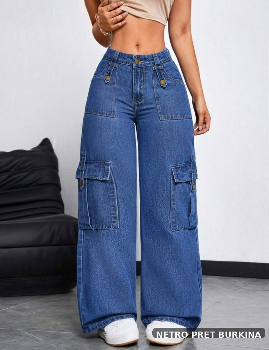 Jean Cargo Large Femme - Taille Haute - Bleu Denim – Image 3